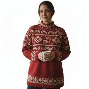 Vintage Express Tricot Womens 100% Wool Sweater Fair Isle 80s Chunky Knit Red L